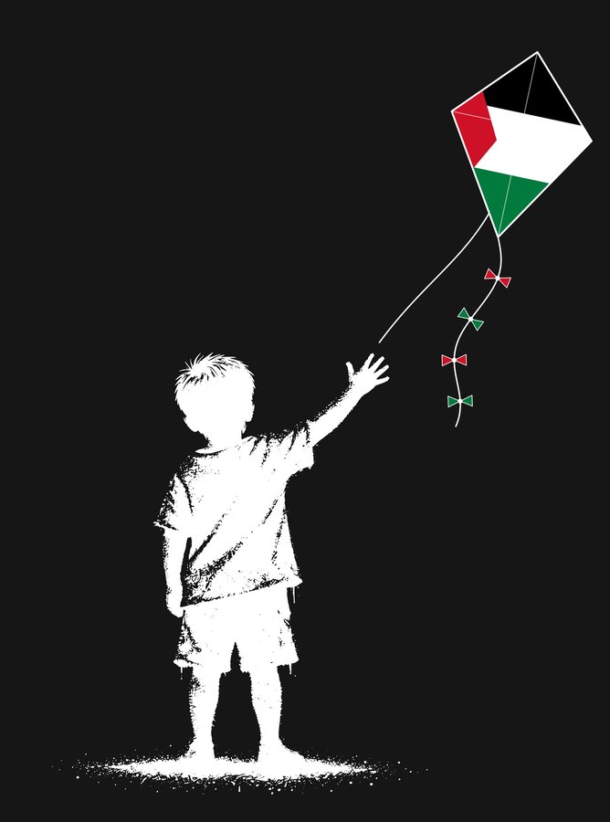 The front artwork in white ink on black: a stencil of a young child, seen from behind, reaching up as a kite in the colours of the Palestinian flag flies away.