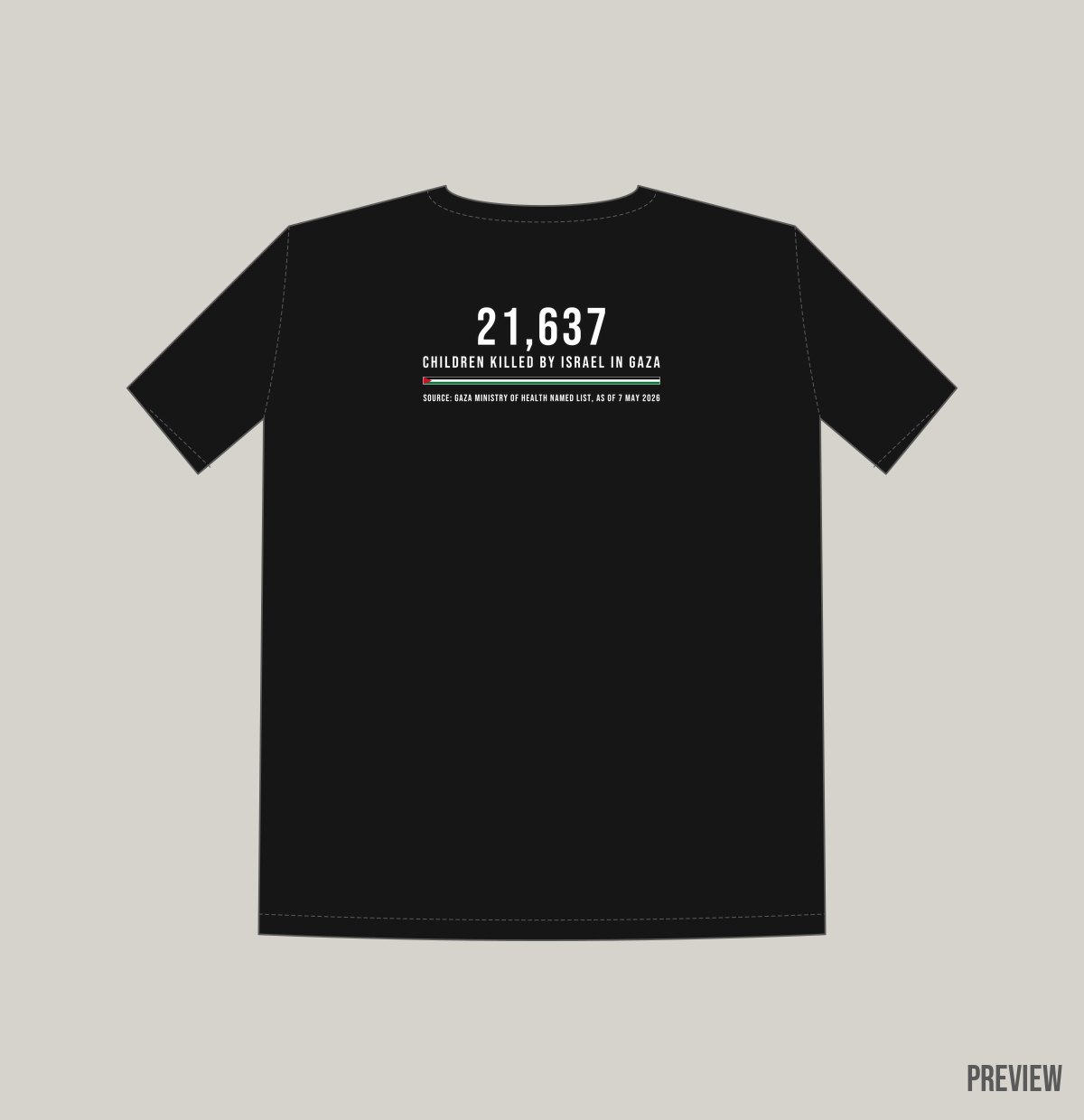 Back of the garment: 21,637, children killed by Israel in Gaza, flag stripe and source line
