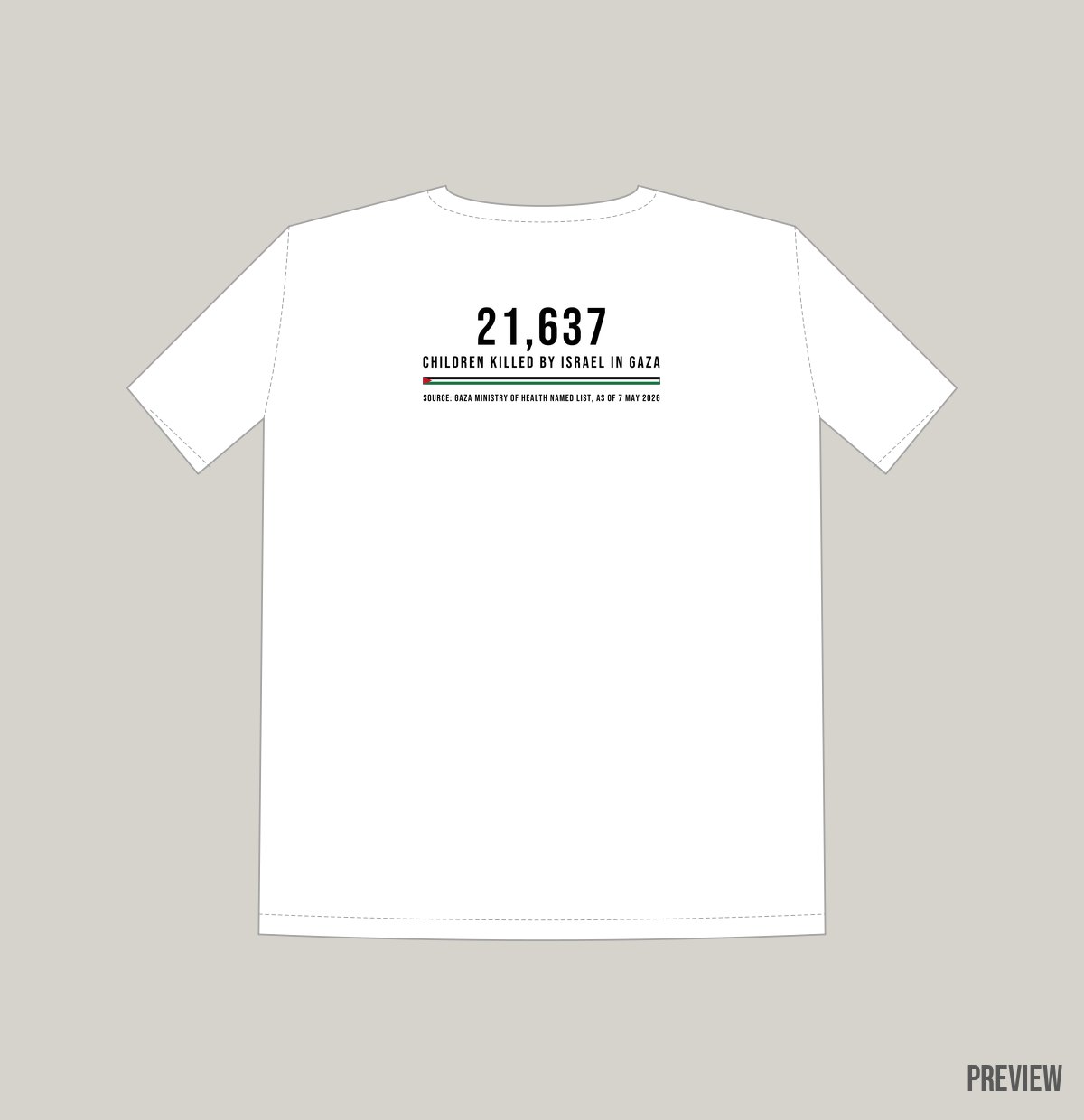 The back of a white T-shirt: 21,637, children killed by Israel in Gaza, a thin flag stripe and the source line.